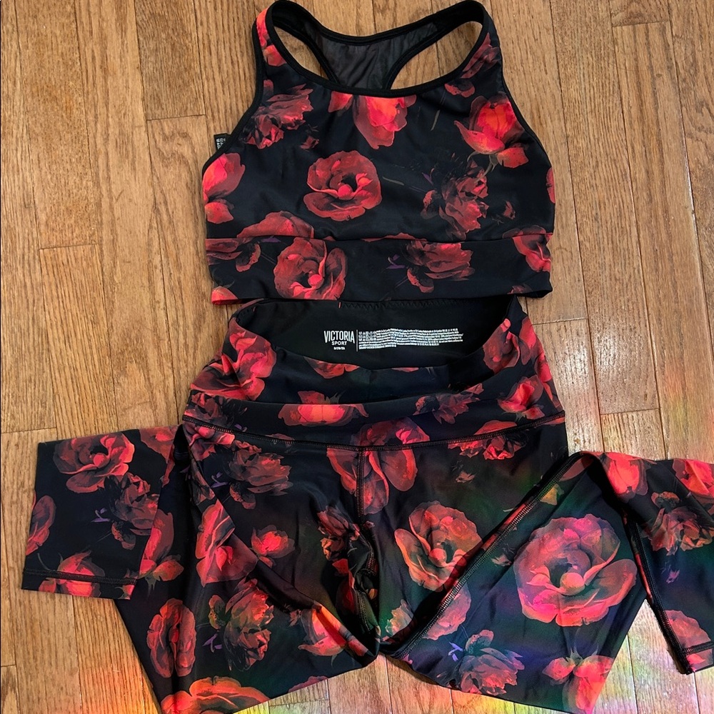 Victoria's Secret Black and Red Floral Sports Bra Set